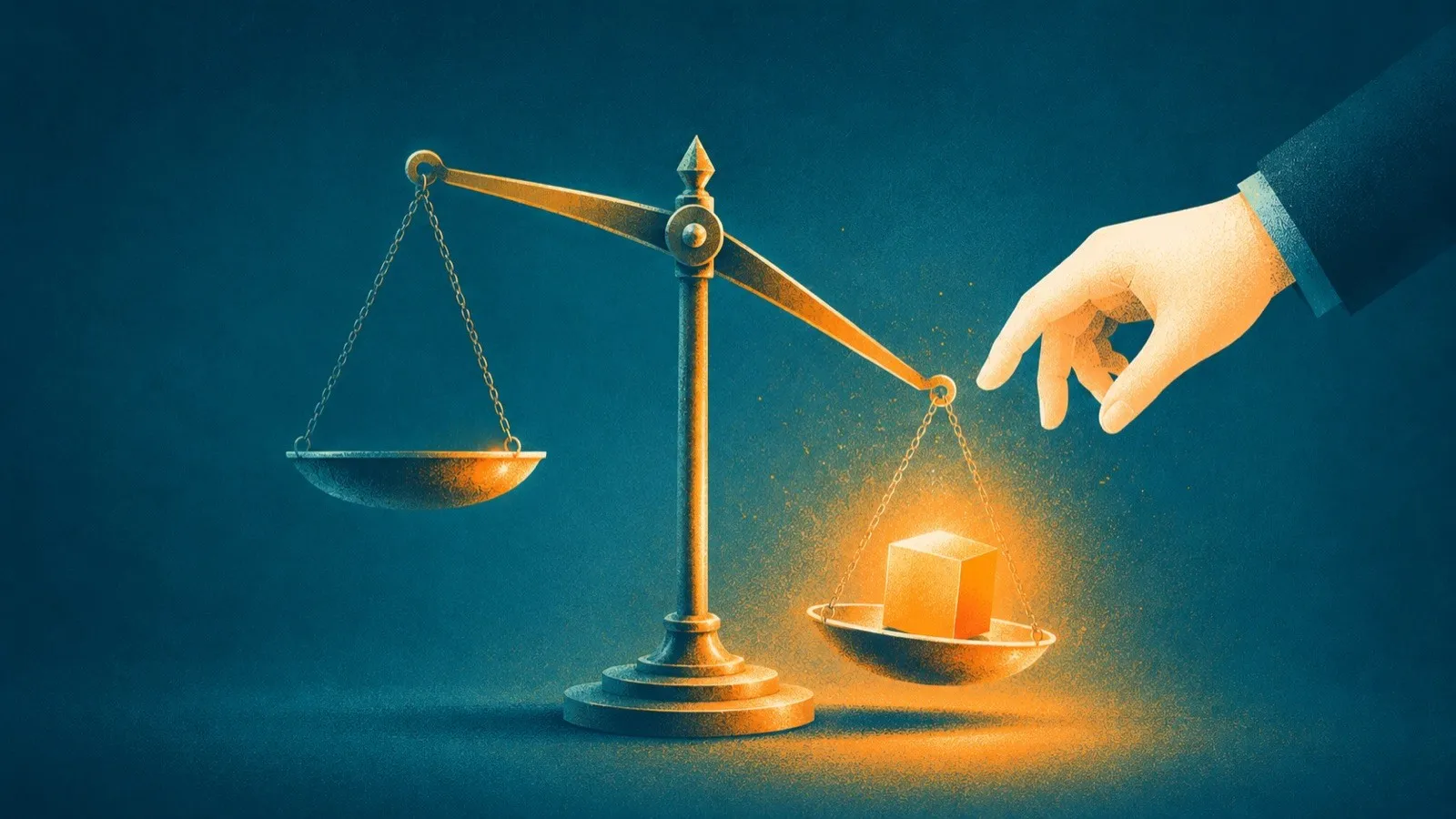 A balance scale tipping as a glowing cube lands, a metaphor for powerful sales presentations