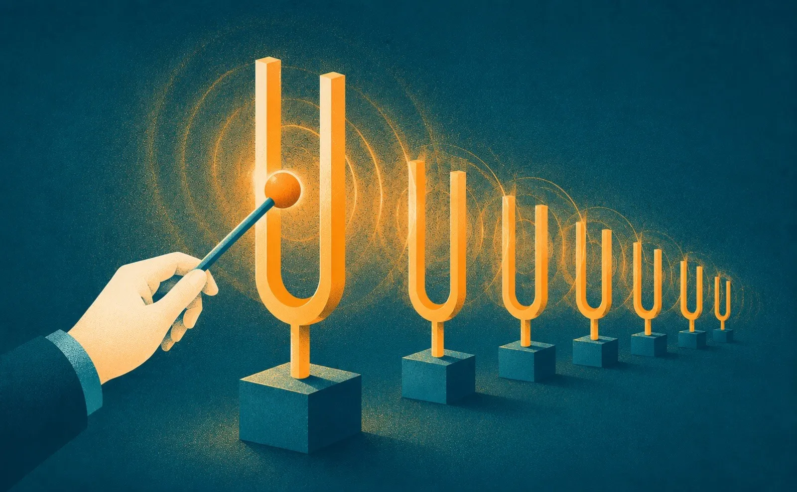 A struck tuning fork setting smaller forks ringing, a metaphor for reinforcing your key message with rhetorical devices