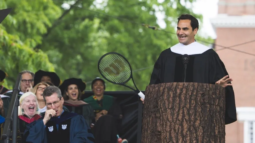 Roger Federer giving the Dartmouth commencement address in 2024