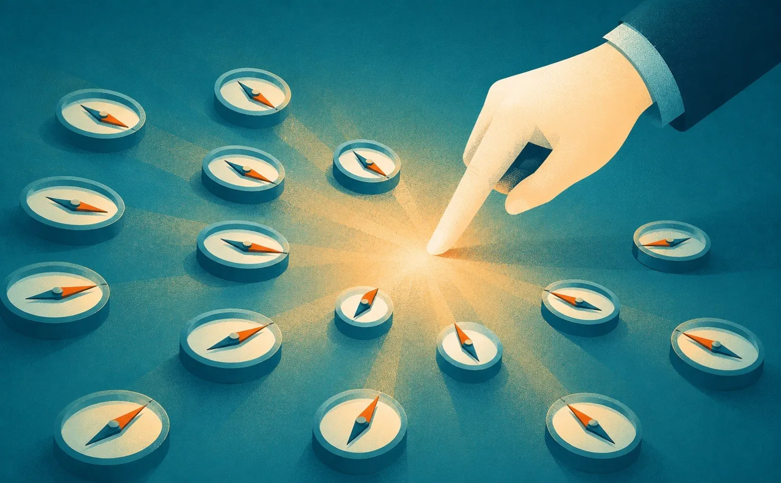 Compass needles all turning toward a single fingertip, a metaphor for persuasion techniques from the science of influence