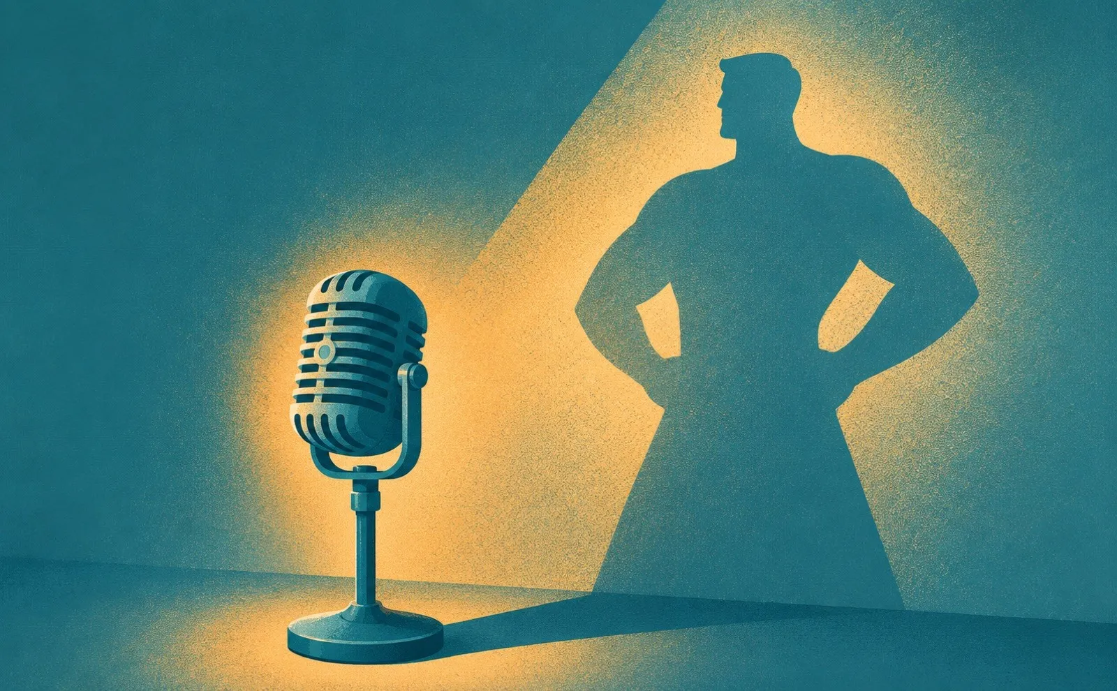 A microphone casting a large confident human silhouette, a metaphor for public speaking tips