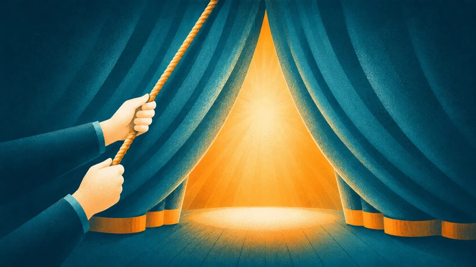 Hands raising a stage curtain to reveal warm light, a metaphor for acing your keynote presentation