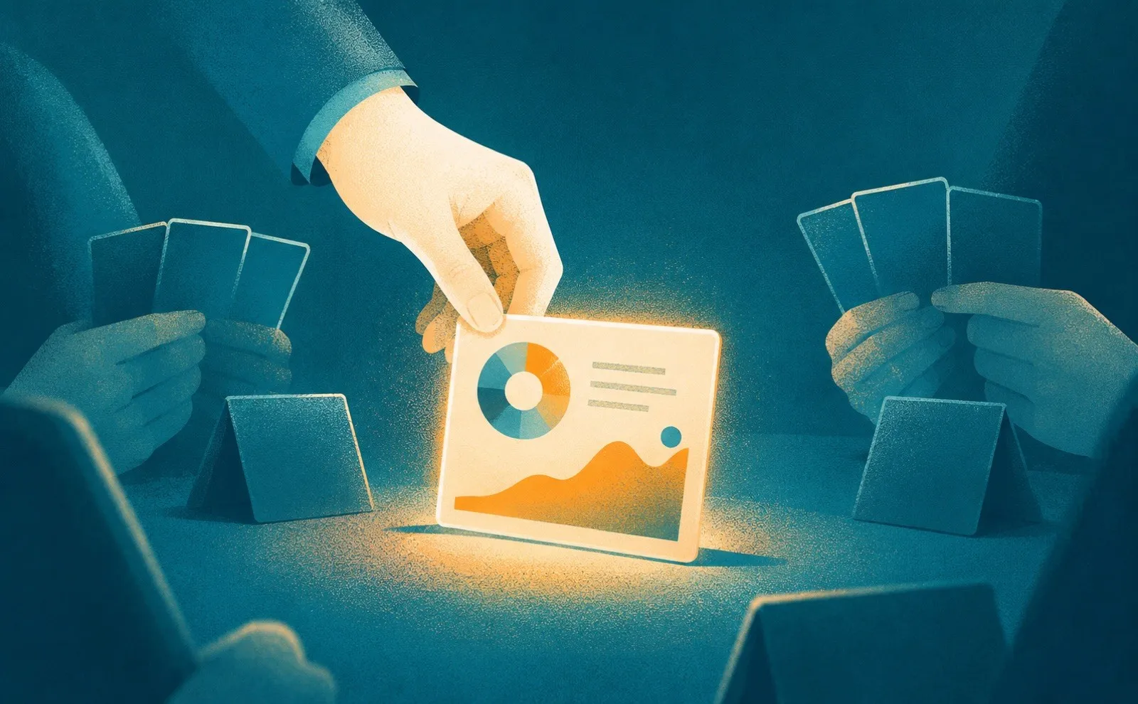 A hand laying down a glowing slide like a winning card, a metaphor for startup pitch decks that got funded